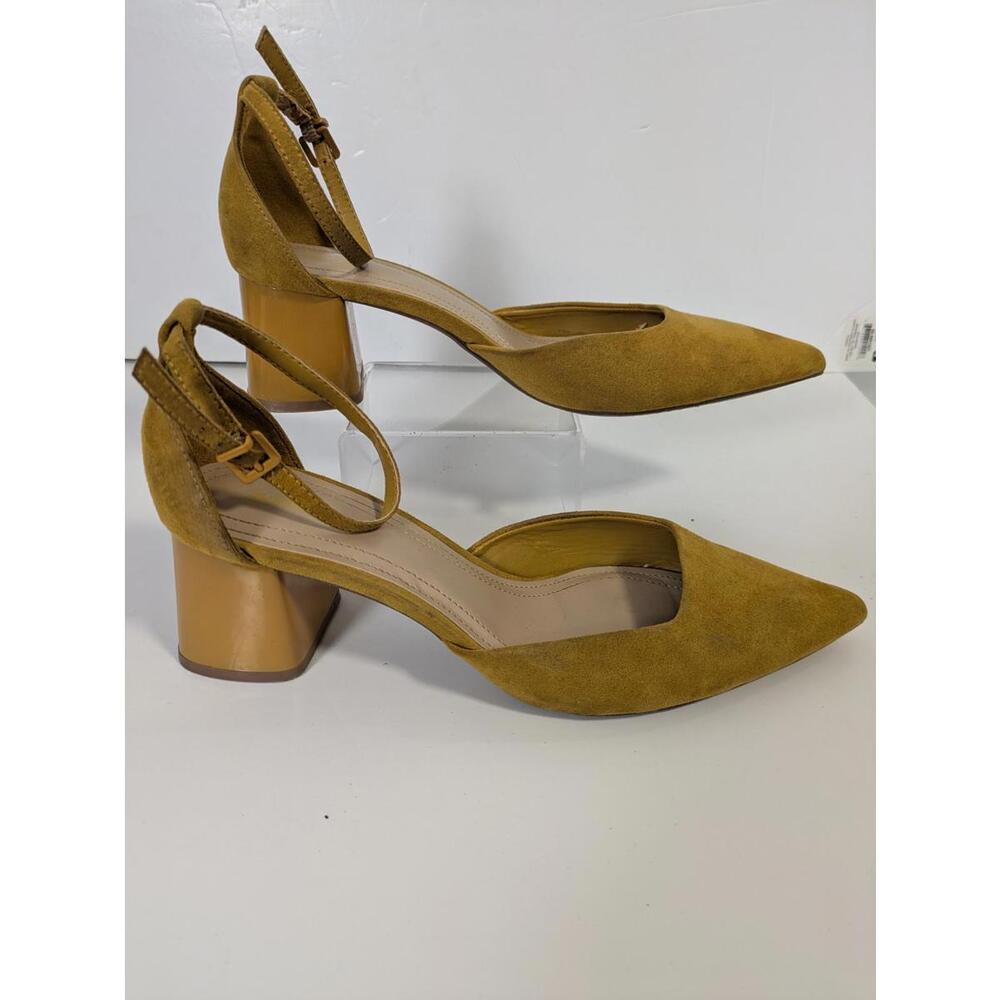 Bershka Mustard Yellow D'Orsay Pumps Pointed Toe Block Heel Ankle Strap Sz EU 37
